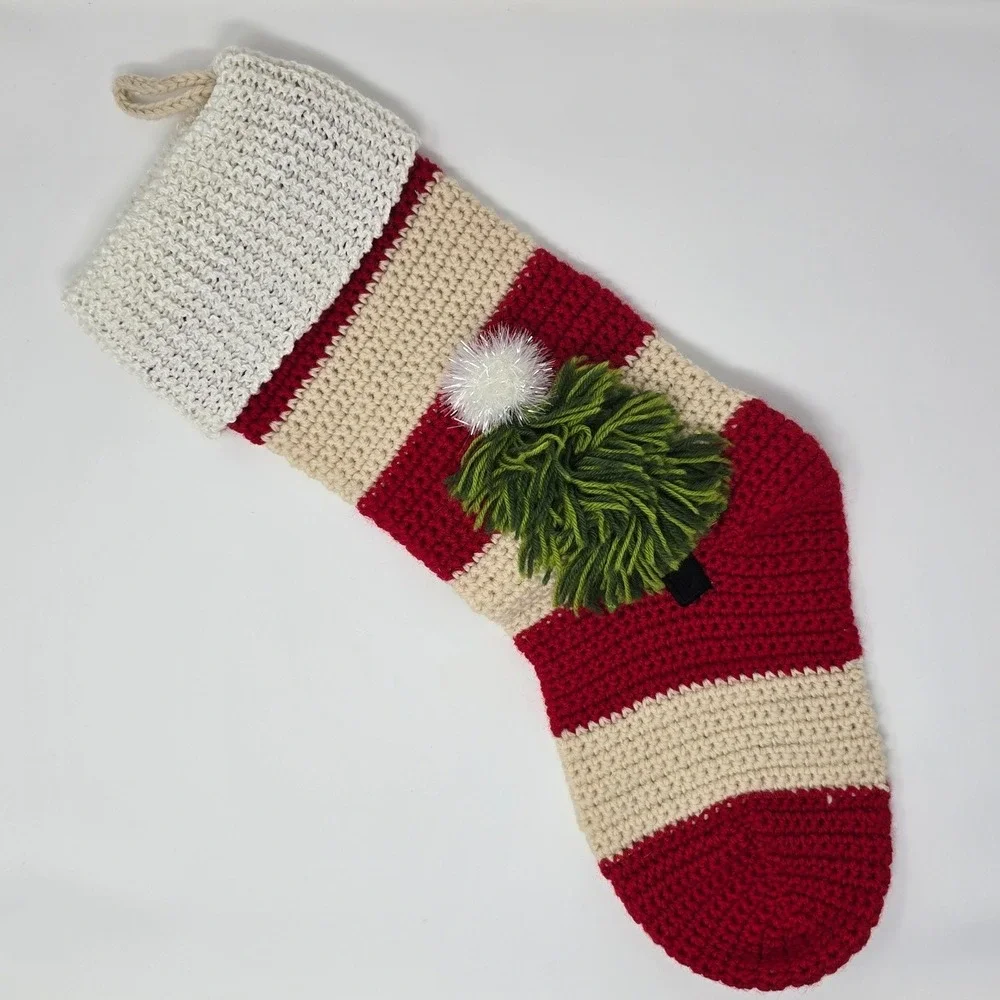 Crate & Barrel Hand-Knit Shaggy Tree Stocking Christmas Red Wool Holiday Decor